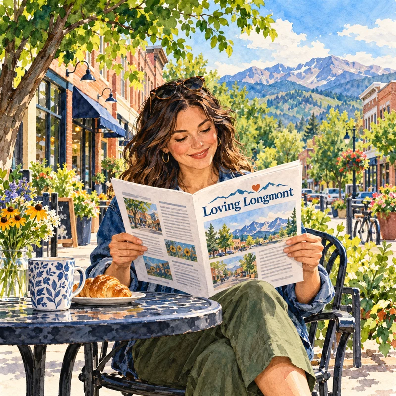 Watercolor illustration of a woman reading a Loving Longmont newsletter at an outdoor café