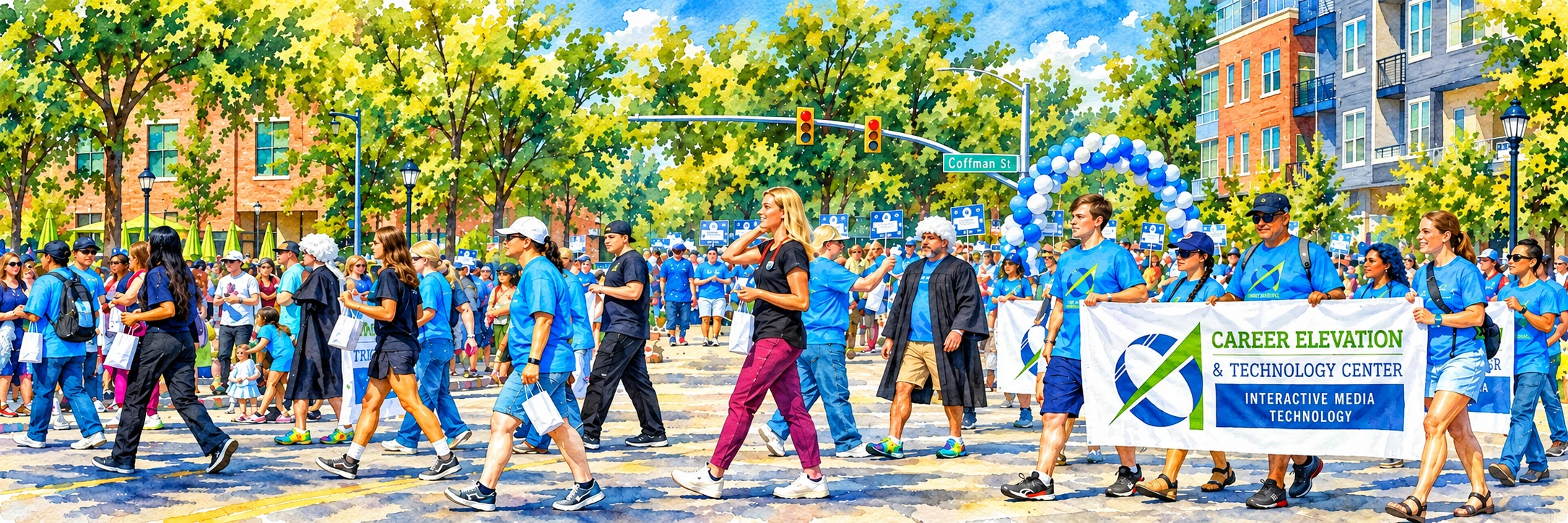 Watercolor illustration adapted from a Longmont community parade, with local people at Coffman Street.